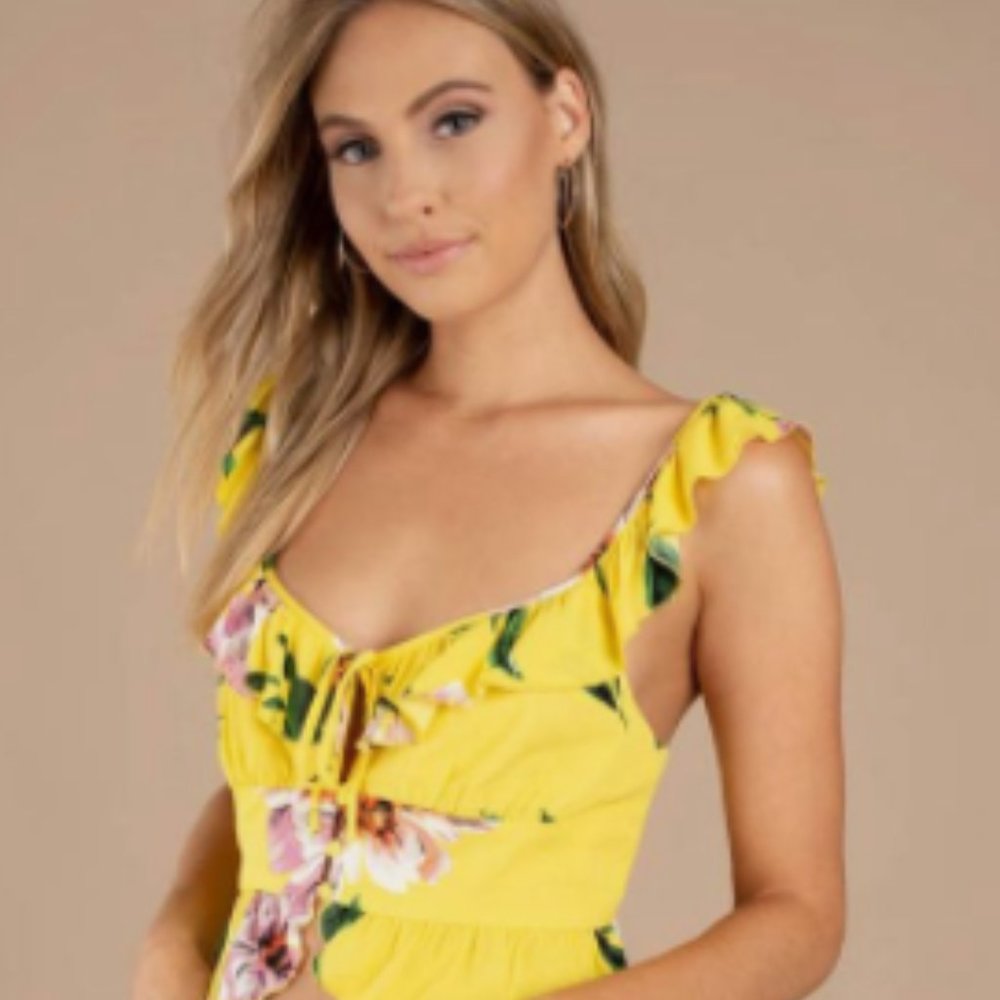MANGO Yellow Floral Ruffled Wrap Top S